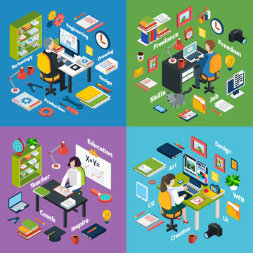  Professional Workplace Isometric 4 Icons Square 