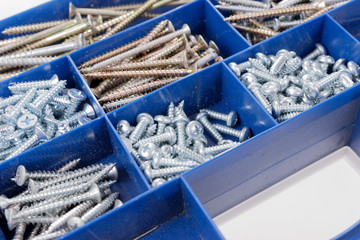 Different Screws and other Parts sorted in a plastic box