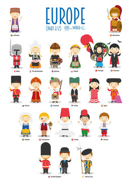 Kids and nationalities of the world vector: Europe Set 2 of 2. Set of 22 characters dressed in different national costumes.
