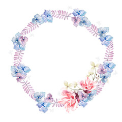 Beautiful watercolor wreath with eucalyptus branches and hydrangea, rosres flowers. Illustrations.