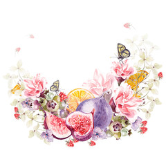 Beautiful watercolor wreath with hydrangea, rose, figs, orange and raspberry. Illustrations.
