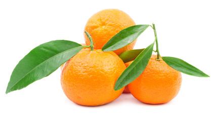 Pile of mandarins with leaf isolated on white