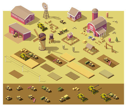 Vector isometric low poly farm elements