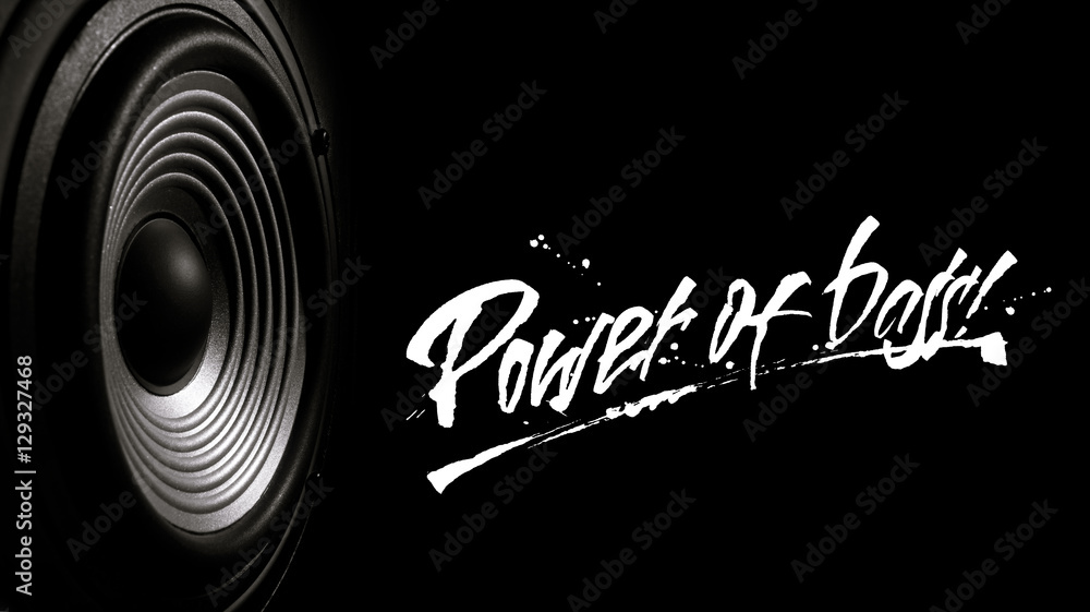 Wall mural black and white image of a membrane sound speaker on a black background. photos contains handwritten