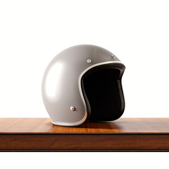 Side view of gray color retro style motorcycle helmet on natural wooden desk.Concept classic object white background.Square.3d rendering.