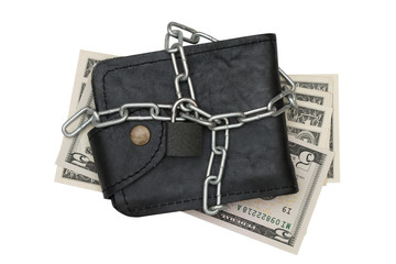 leather wallet with chain locker and dollar bill isolated on white background - clipping paths