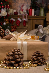 Christmas Decorations with gift box, cone. Rustic style