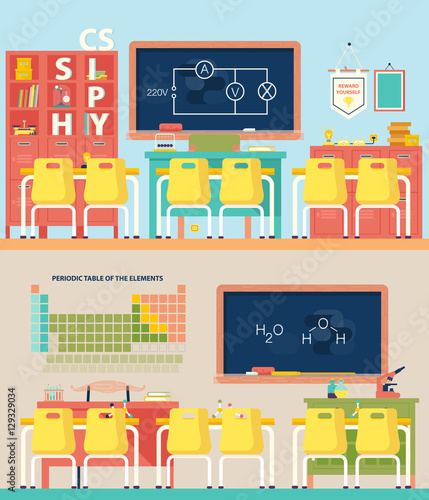 Empty School Classroom For Physics And Chemistry Stock