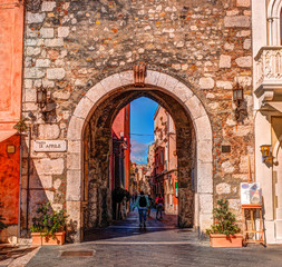 City gate in Taormina, Sicily, Italy, Europe