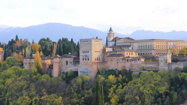 Panoramic view of Alhambra which is the medieval Moorish fortress in Granada, Spain
