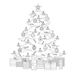 Coloring page with Christmas tree, star, balls, candy, candles and gifts. Coloring book. Vector illustration.