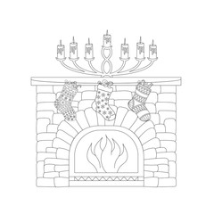 Coloring page with Christmas socks with gifts above the fireplace. Candlestick with burning candles. Coloring book. Vector illustration.