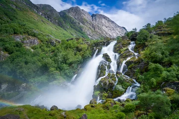 Fototapete Rund Briksdalsbreen national park waterfall long exposure © AlexanderNikiforov