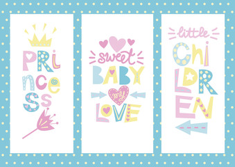 Three children s layout with labels Princess, Baby, Love, Children.
