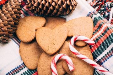 Christmas banner with gingerbread, holiday cookies and festive decoration 