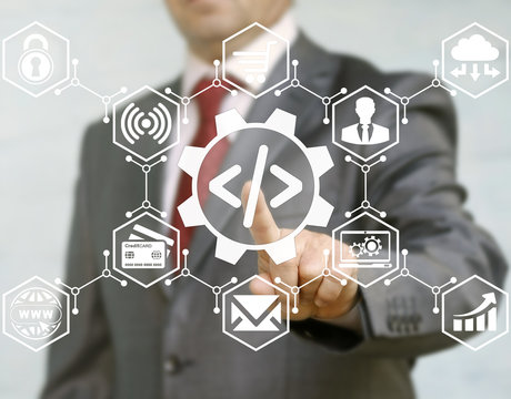Businessman presses coding gear button on virtual screen on background of optimization automation seo update internet business icon. Cogwheel code website sign. Web business success technology concept