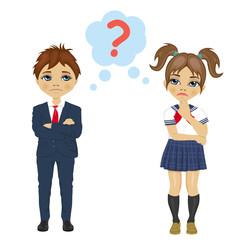 schoolgirl and schoolboy have a question mark sign on thinking something or finding the way out