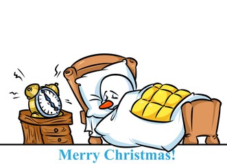 Christmas snowman character sleeping bed alarm clock  cartoon illustration 