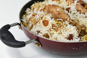 chicken biryani or biriyani made of basmati rice. hot spicy food very popular in Hyderabad India