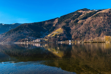 Water reflections and mountain peaks, Zell am See Lakekaprun, kitzsteinhorn, Austria, Europe, Bad Gastein