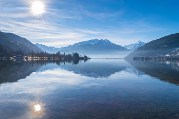 Water reflections and mountain peaks, Zell am See Lakekaprun, kitzsteinhorn, Austria, Europe, Bad Gastein