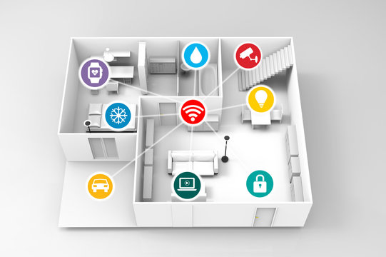 Internet of things , iot , smart home , network connect concept. 3D rendering of room and furniture,wifi,smart watch,light,security,movie,car,temperature,smart watch,security camera controller icons