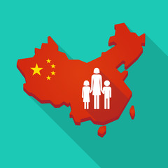 Long shadow China map with a female single parent family pictogr