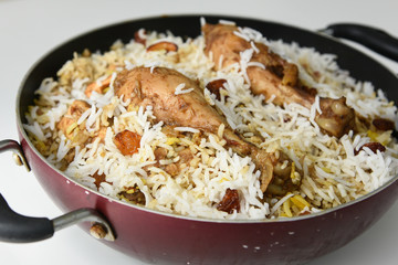 chicken biryani or biriyani made of basmati rice. hot spicy food very popular in Hyderabad India