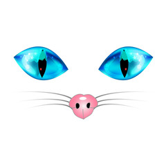 White Cat with Blue Eyes, Pink Nose and White Whisker. Vector Illustration. isolated on white Background.