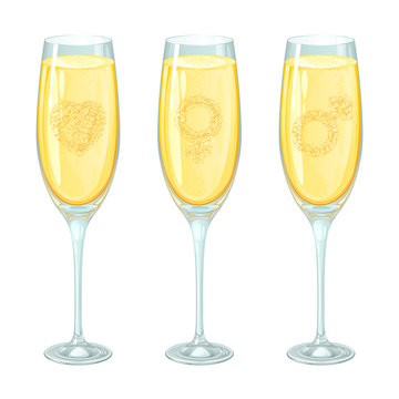 Бокалы шампанского с пузырьками, изолированные на белом фоне. Пузырьки в шампанском образуют силуэт сердечка и гендерные символы.