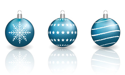 Blue christmas baubles on white background.