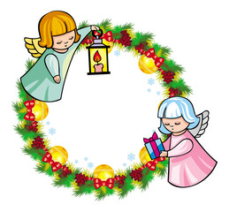 Round holiday garland with ornaments and angels bring presents. 