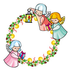 Round holiday garland with ornaments and angels bring presents. 