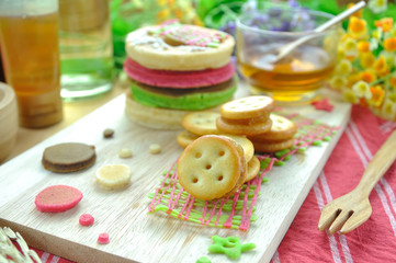 Chocolate cookie and Stack of color pancake with honey