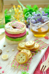 Chocolate cookie and Stack of color pancake with honey
