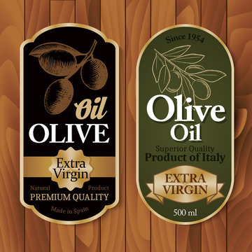 olive oil labels on wooden background
