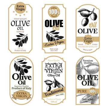 Set of white olive oil labels with hand drawn details