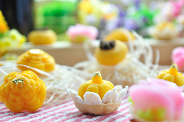 Thai royal sweet dessert on red and white strip napkin, food sty