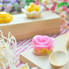 Thai royal sweet dessert on red and white strip napkin, food sty