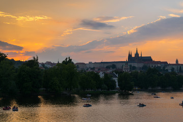 Sunset over Vltava river, Charles Bridge and the Castel, Czech Republic