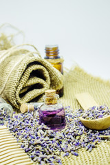 Lavender essential oil in a small bottle. 