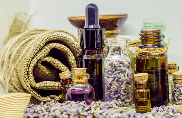 Lavender essential oil in a small bottle. 