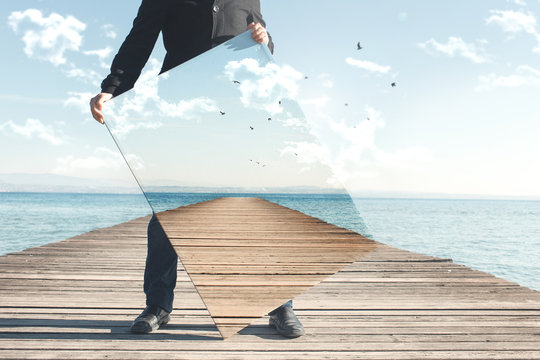 realistic painter showing canvas strange prospective