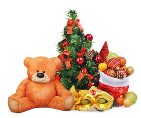 Christmas composition with santa claus bag and teddy bear toy