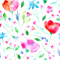 Floral seamless pattern with poppy flowers,bluebell, lavender, cornflower, chamomile and daisy. Watercolor hand drawn illustration.White background.
