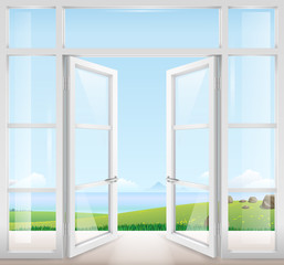 Naklejka na ściany i meble Door with window to the terrace overlooking the sea and a beautiful landscape. Clear glass. Vector graphics