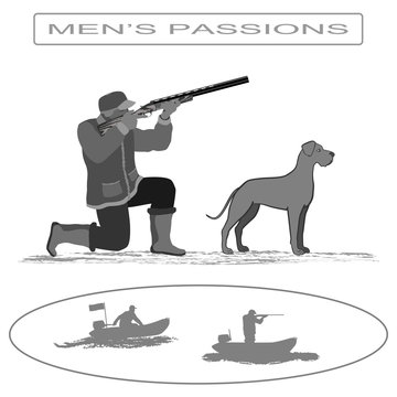 
A man stands on one knee and fired from a rifle. Nearby is a dog . Isolate on white background.