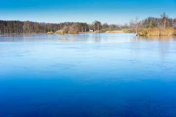 Ice on the lake by sunny day. Big blue surface with trees and re