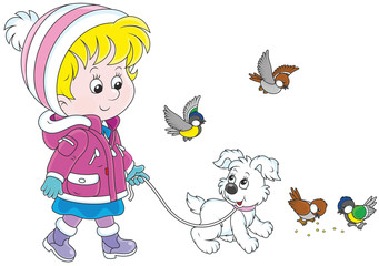 Girl walking with her dog