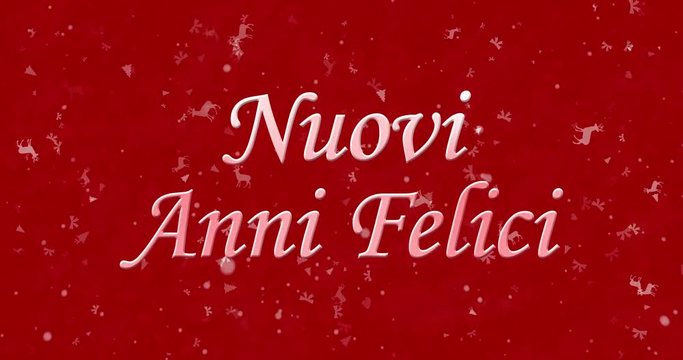Happy New Year text in Italian "Nuovi anni felici" turns to dust from bottom on white animated background
